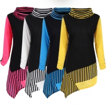Fashion Contrast Color Long Sleeve Turtleneck Irregular Hem Striped Spliced T-shirt