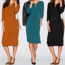 Elegant Solid Color 3/4 Sleeve Lace-up V-neck Slim Fit Dress