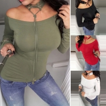 Sexy Off-shoulder Boat Neck Long Sleeve Solid Color T-shirt with Choker Necklace
