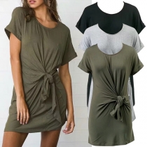 Fashion Solid Color Short Sleeve Round Neck Knotted Dress