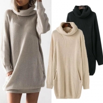 Fashion Solid Color Long Sleeve Turtleneck Sweater Dress