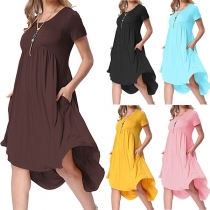 Fashion Solid Color Short Sleeve Round Neck High-low Hem Dress