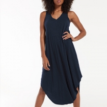 Casual Solid Color V-neck Sleeveless High-low Hemline Dress