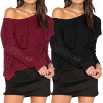 Sexy Oblique Shoulder Long Sleeve Ruffle Solid Color Sweater