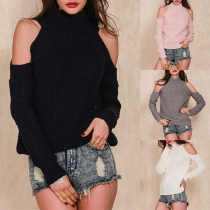 Sexy Off-shoulder Long Sleeve Mock Neck Solid Color Sweater