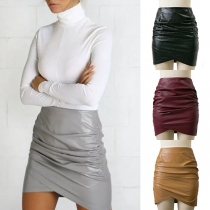 Fashion Solid Color High Waist Irregular Hem PU Leather Skirt