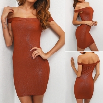 Sexy Off-shoulder Boat Neck Solid Color Tight Dress