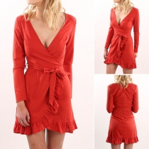 Sexy Deep V-neck Long Sleeve Solid Color Ruffle Dress