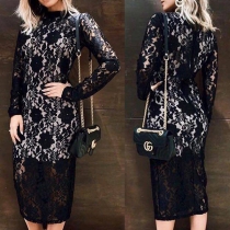 Sexy Long Sleeve Round Neck Slim Fit Hollow Out Lace Dress