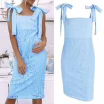 Sexy Lace Spliced Solid Color Bowknot Sling Dress