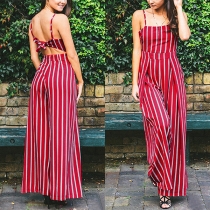 Sexy Backless High Waist Sling Striped Jumpsuit
