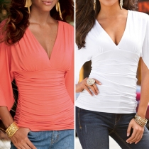 Sexy Deep V-neck Solid Color Lotus Sleeve Ruched T-shirt