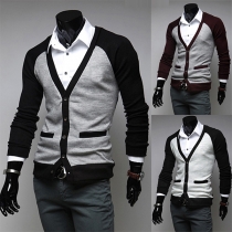 Fashion V-neck Contrast Color Long Sleeve Slim-fit Knit Cardigan for Men