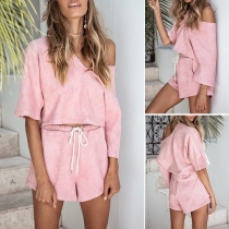 Fashion Solid Color 3/4 Sleeve V-neck Crop Top + Shorts Two-piece Set