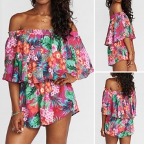 Sexy Off-shoulder Boat Neck Top + High Waist Shorts Printed Two-piece Set