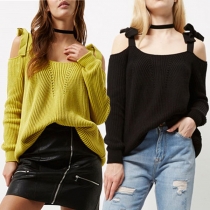 Sexy Off-shoulder Long Sleeve Lace-up Bowknot Solid Color Sweater