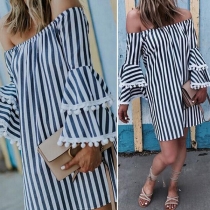 Sexy Off-shoulder Boat Neck Hairball Spliced Trumpet Sleeve Striped Dress