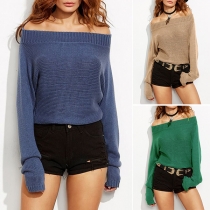 Sexy Off-shoulder Boat Neck Long Sleeve Solid Color Sweater