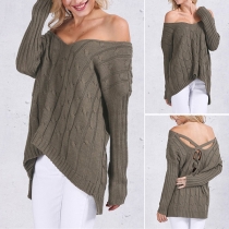 Sexy Lace-up Backless Long Sleeve V-neck Solid Color High-low Hem Sweater