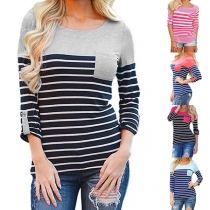 Fashion Contrast Color Long Sleeve Round Neck Striped T-shirt