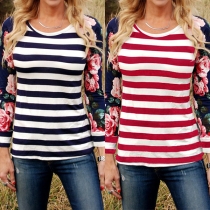 Fashion Printed Spliced Long Sleeve Round Neck Striped T-shirt