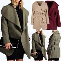 Fashion Solid Color Long Sleeve Lapel Woolen Coat with Waist Strap