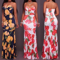 Sexy Strapless High Waist Printed Party Dress