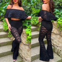 Sexy Lace  Bandeau Top + High Waist See-through Lace Flared Pants Two-piece Set