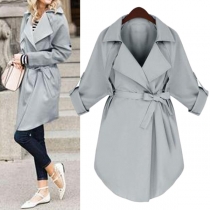 Fashion Solid Color Long Sleeve Notched Lapel Windbreaker with Waist Strap
