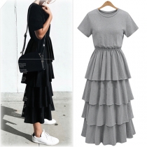 Fashion Solid Color Short Sleeve Round Neck Tiered Dress
