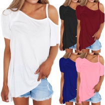 Sexy Off-shoulder Short Sleeve Solid Color Loose T-shirt