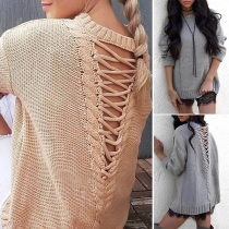 Sexy Lace-up Hollow Out Long Sleeve Round Neck Solid Color Sweater
