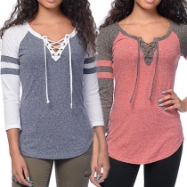 Fashion Contrast Color 3/4 Sleeve Lace-up V-neck T-shirt