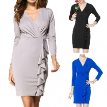 OL Style Long Sleeve V-neck Slim Fit Ruffle Solid Color Dress