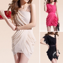 Sexy Oblique Shoulder Irregular Hem Solid Color Slim Fit Party Dress