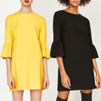 Fashion Solid  Color Trumpet Sleeve Round Neck Dress