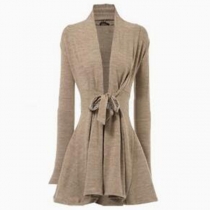 Fashion Solid Color Long Sleeve Cardigan with Waist Strap