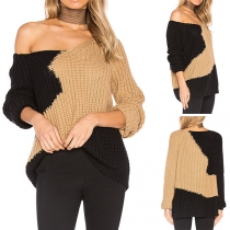 Fashion Contrast Color Long Sleeve V-neck Sweater