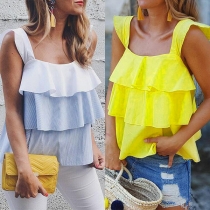 Fashion Solid Color Sleeveless Tiered Ruffled Hem Tank Top