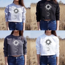Fashion Sun & Crescent Printed Long Sleeve Round Neck Sweatshirt