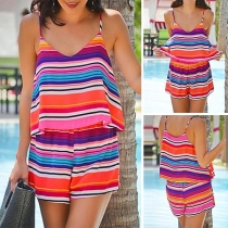 Sexy Backless V-neck Cami Top + Shorts Colorful Striped Two-piece Set