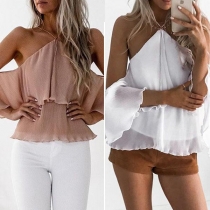 Sexy Off-shoulder Solid Color Ruffle Chiffon Top