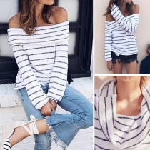 Sexy Off-shoulder Boat Neck Long Sleeve Striped Sweater