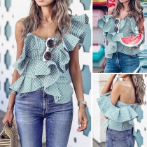 Sexy Backless One-shoulder Ruffle Plaid Top