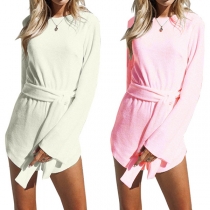 Sexy Backless Long Sleeve Round Neck Solid Color Romper