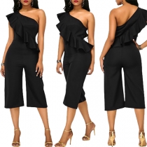 Sexy One-shoulder High Waist Solid Color Ruffle Jumpsuit