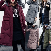 Fashion Solid Color Faux Fur Spliced Hooded Warm Padded Coat