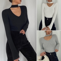 Fashion Solid Color Long Sleeve Choker V-neck Knit Top