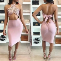 Sexy Backless Sequin Halter Crop Top + High Waist Skirt Two-piece Set
