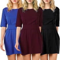 Elegant Solid Color Half Sleeve Round Neck Slim Fit Dress